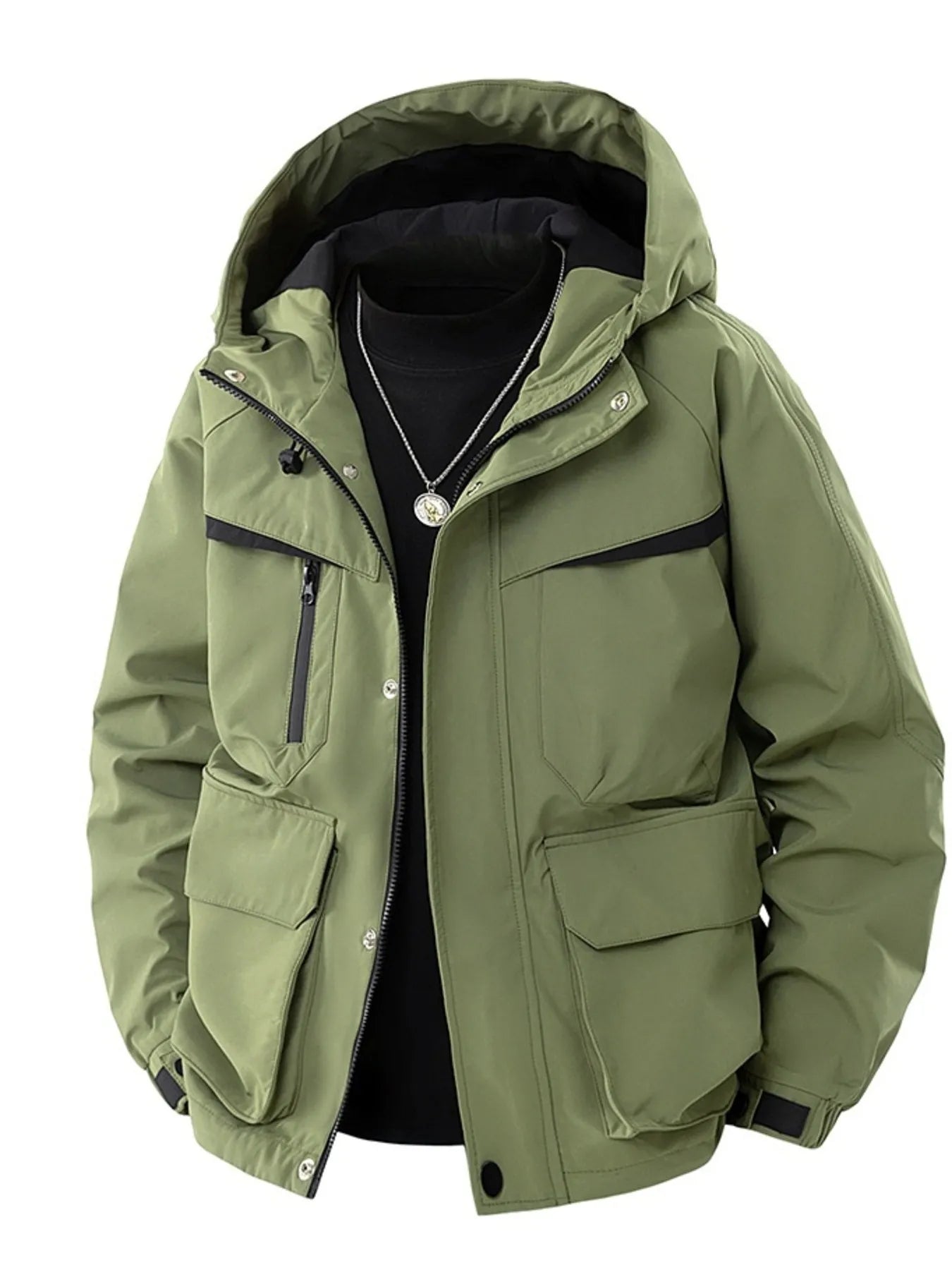 Men's Full Size Zip Up Long Sleeve Hooded Jacket Plus Size Light Emerald Green - Fashorio
