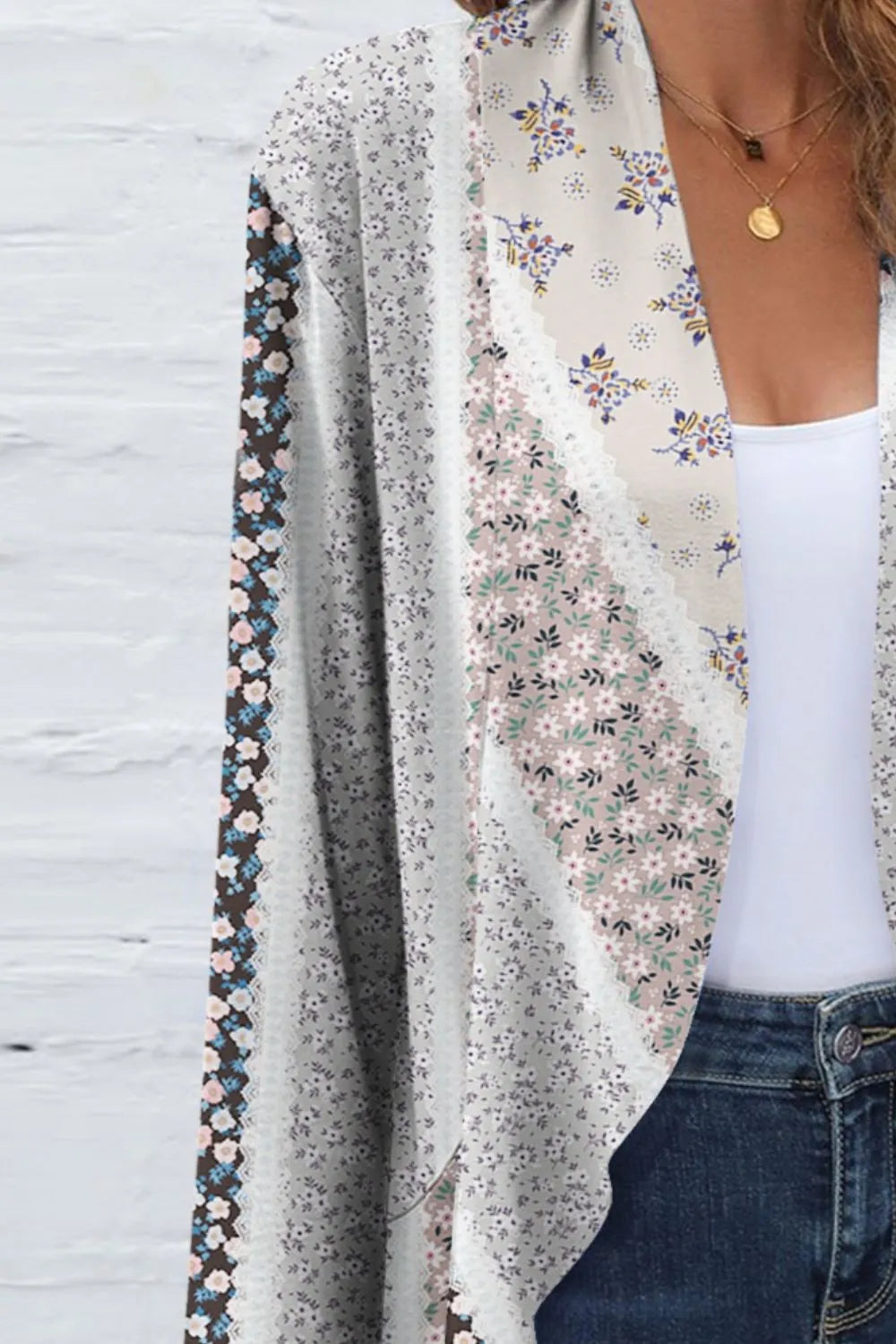 FAM-FAM Printed Open Front Long Sleeve Cardigan - Fashorio