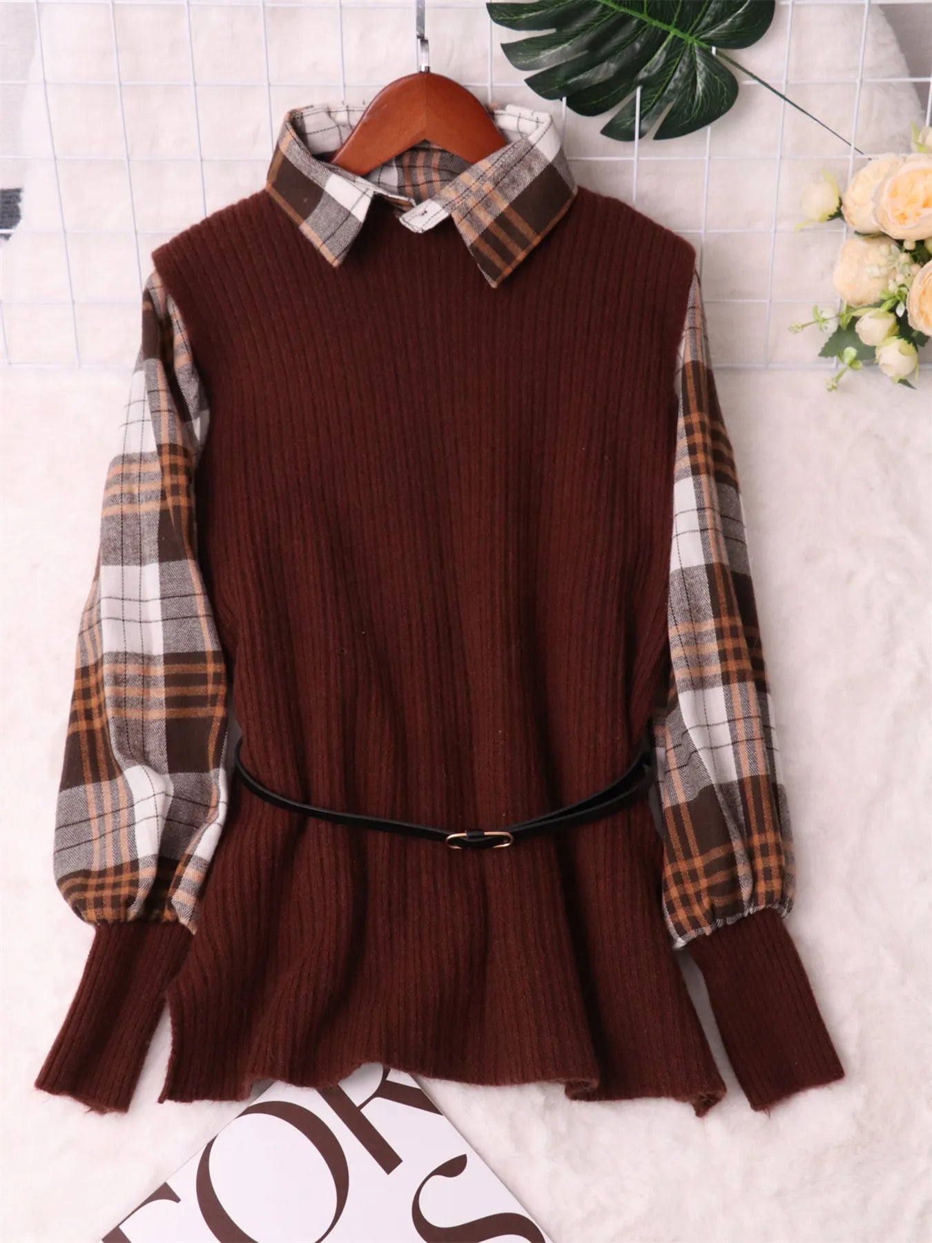 Plaid Long Sleeve Sweater Dress Khaki One Size - Fashorio