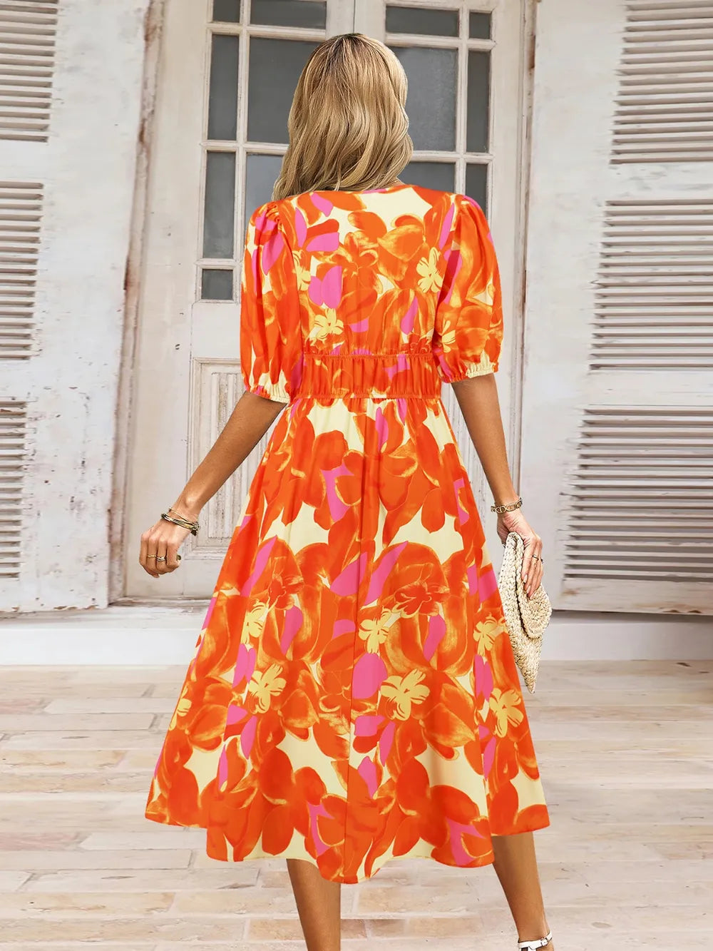 Ruched Printed Surplice Short Sleeve Dress - Fashorio