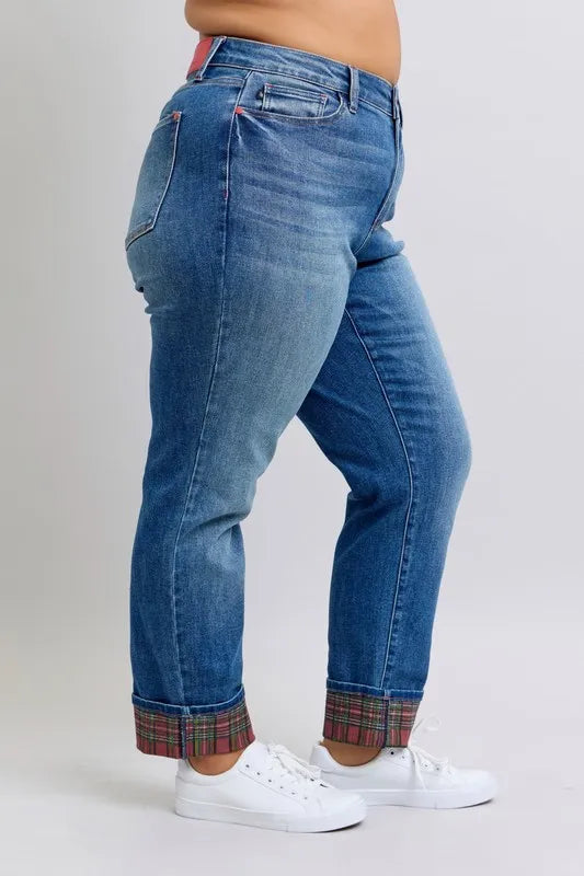 Judy Blue Full Size Mr Plaid Print Cuff Bf Jeans Plus Size - Fashorio