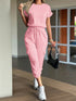 Round Neck Short Sleeve Top and Pants Set Pink - Fashorio