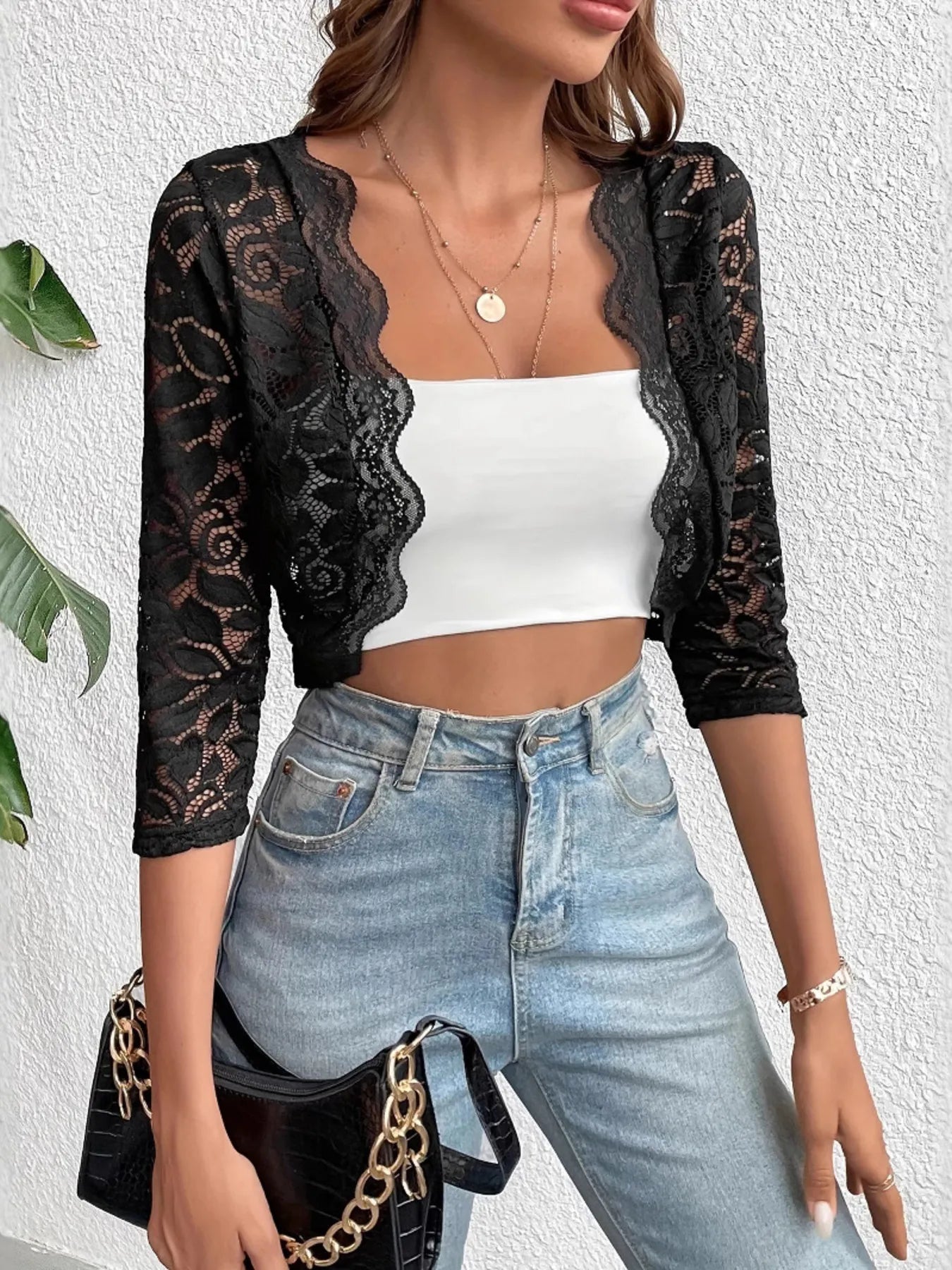 Open Front Lace Cardigan Black - Fashorio