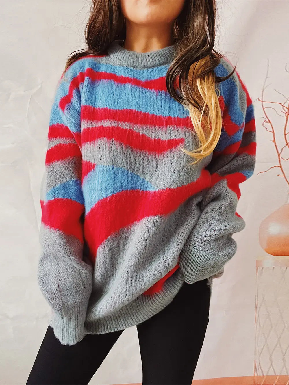 Color Block Round Neck Sweater Deep Rose - Fashorio