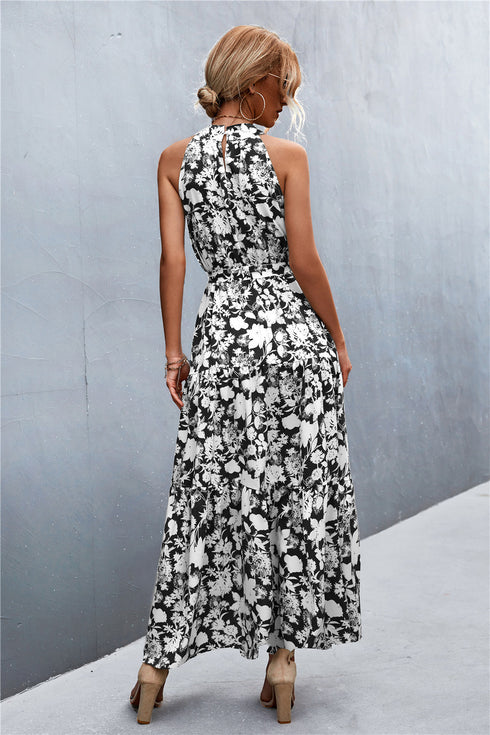 Printed Sleeveless Tie Waist Maxi Dress - Fashorio