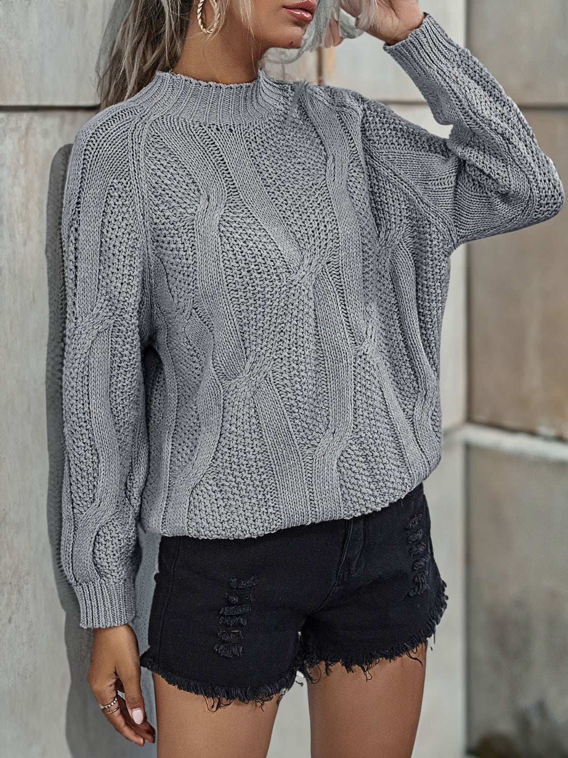 Rib-Knit Mock Neck Sweater Gray - Fashorio