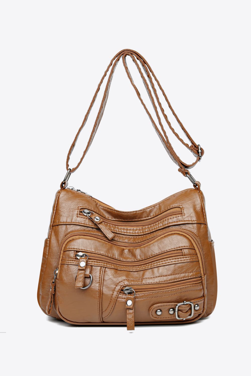 Multi-Pocket PU Leather Crossbody Bag Caramel One Size - Fashorio