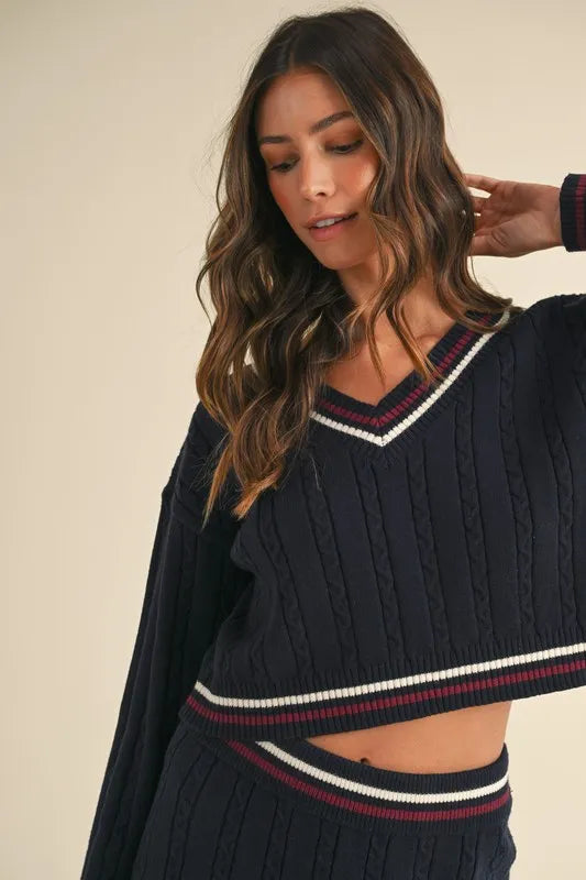 MABLE Cable-Knit Top and Pleated Skirt Sweater Set - Fashorio