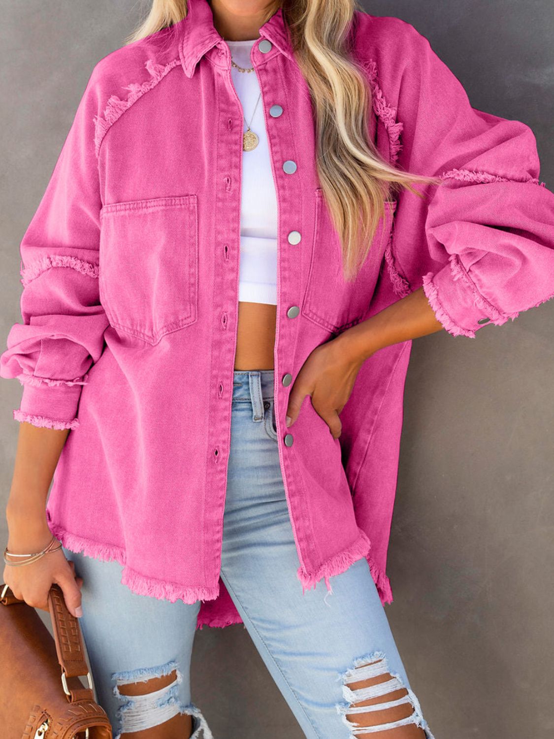 Button Down Raw Hem Denim Jacket - Fashorio