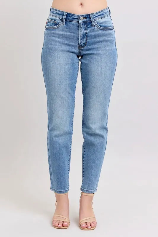 Judy Blue Full Size Mid Rise Vintage Wash Slim Jeans with Cell Phone Pocket Plus Size - Fashorio