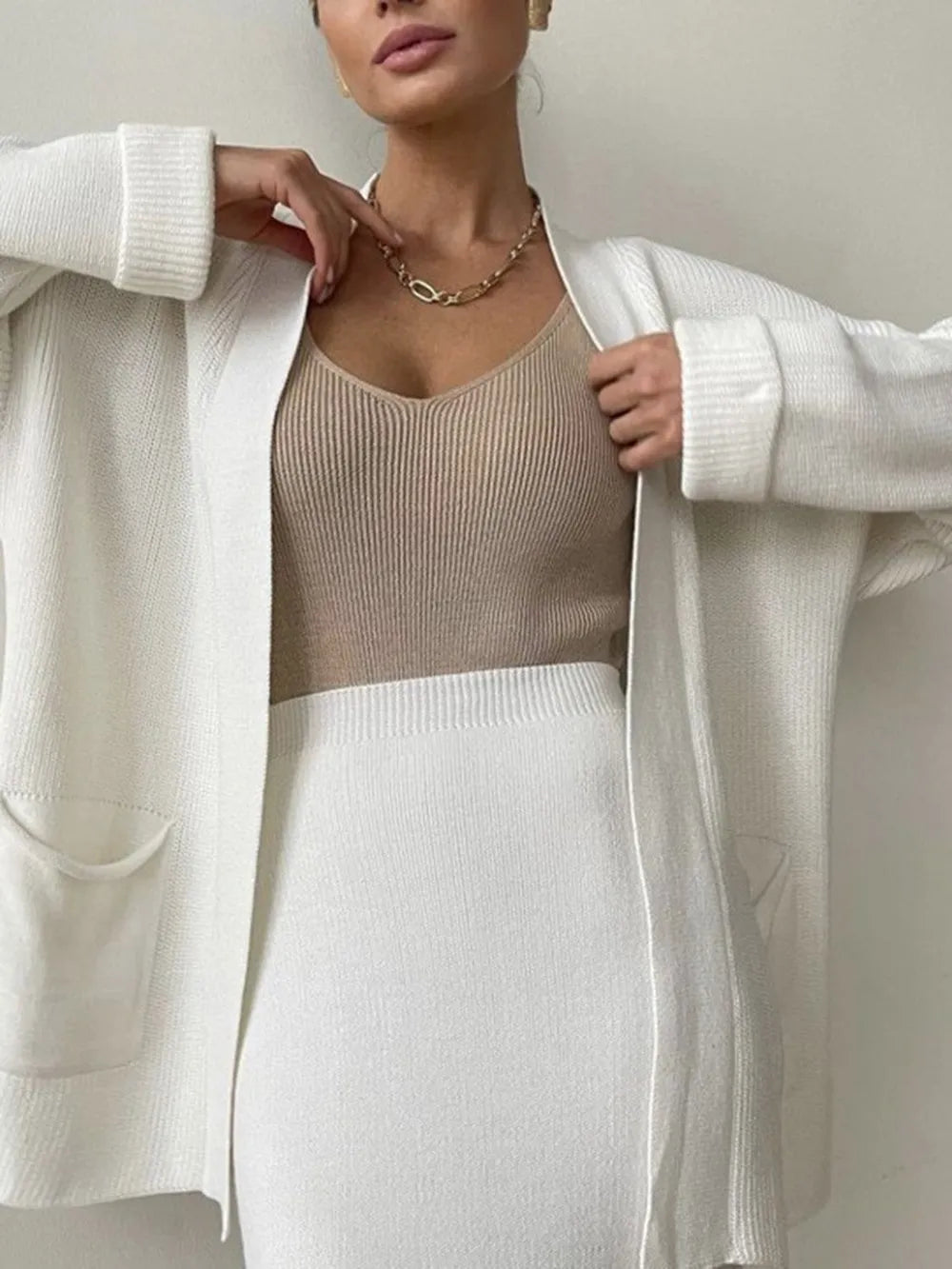 Pocketed Long Sleeve Cardigan and Skirt Sweater Set - Fashorio