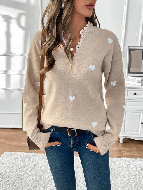 Heart V-Neck Long Sleeve Sweater - Fashorio