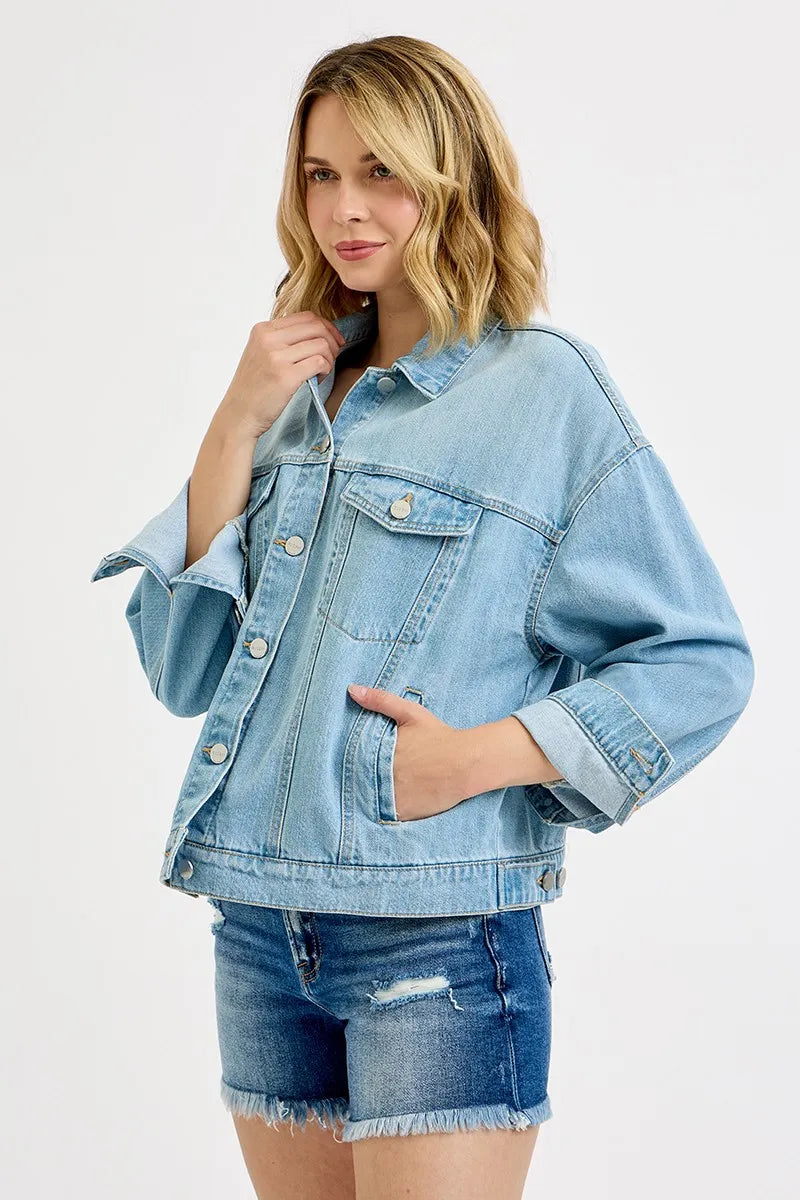 RISEN Washed Dropped Shoulder Denim Jacket - Fashorio
