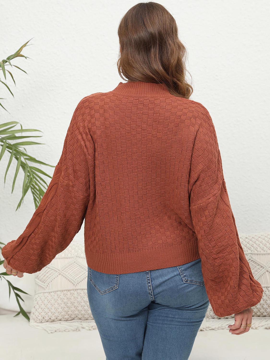 Plus Size Mock Neck Cable Knit Long Sleeve Sweater - Fashorio
