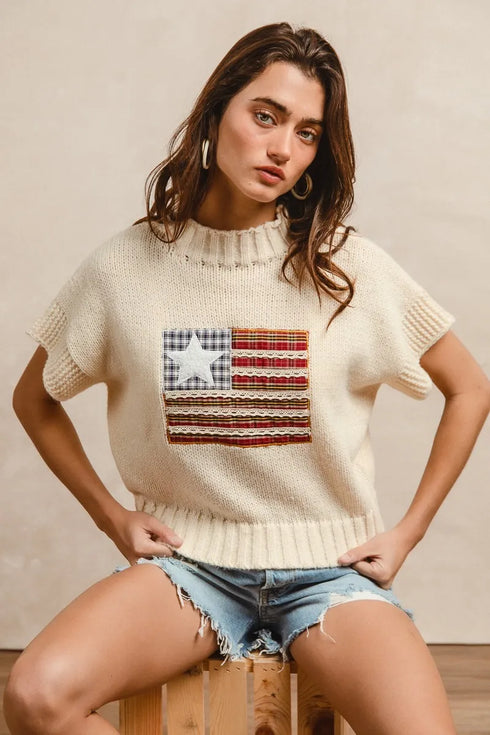 BiBi American Flag Patchwork Drop Shoulder Sweater - Fashorio
