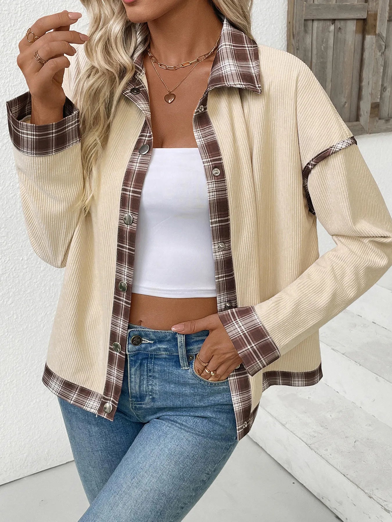 Plaid Hem Button Up Long Sleeve Shacket – Lightweight Layering Beige - Fashorio