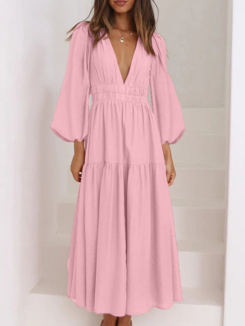 Deep V-Neck Balloon Sleeve Plain Maxi Dress - Fashorio