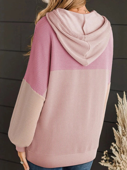 Drawstring Color Block Long Sleeve Hoodie - Fashorio