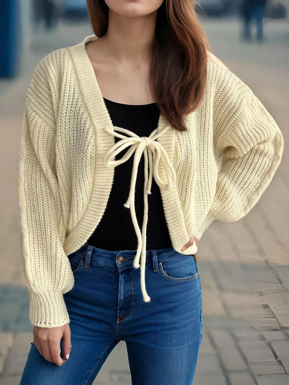 Tied Dropped Shoulder Long Sleeve Cardigan - Fashorio