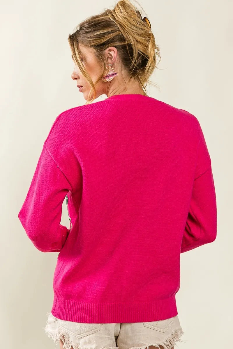 BiBi Front Tiger Sequin Patch V-neck Sweater Cardigan - Fashorio