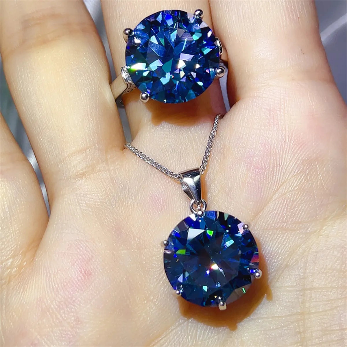 10 Carat Moissanite 925 Sterling Silver Ring and Necklace Set Royal Blue - Fashorio