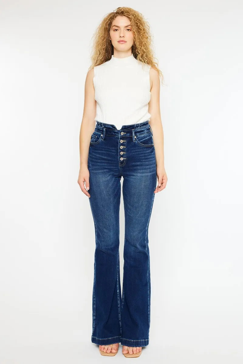 Kancan Button Fly High Rise Flare Jeans - Fashorio