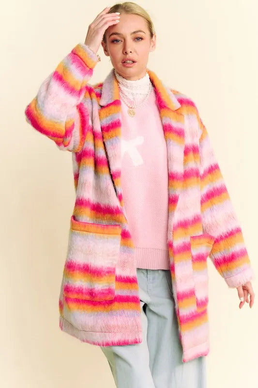 Davi & Dani Contrast Striped Open Front Coat with Pockets - Fashorio