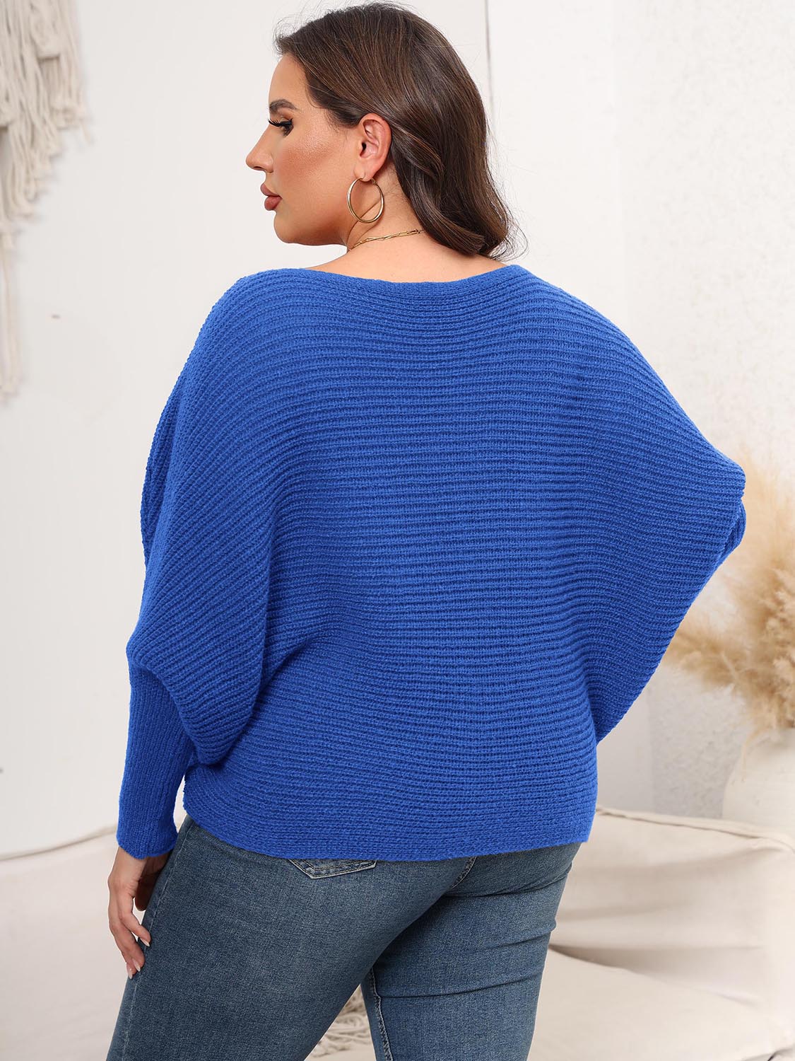 Full Size Boat Neck Batwing Sleeve Sweater - Fashorio