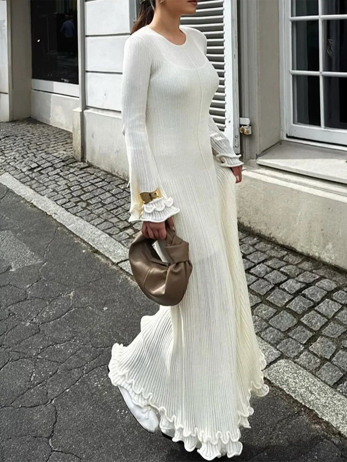 Ribbed Long Sleeve Dress with Ruffle Hem - Fashorio