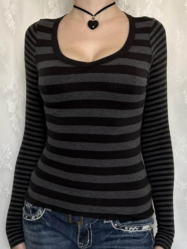 Striped Long Sleeve Contrast T-Shirt Dark Gray - Fashorio