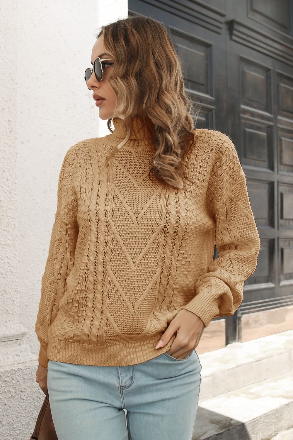 Cable-Knit Turtleneck Sweater Camel - Fashorio