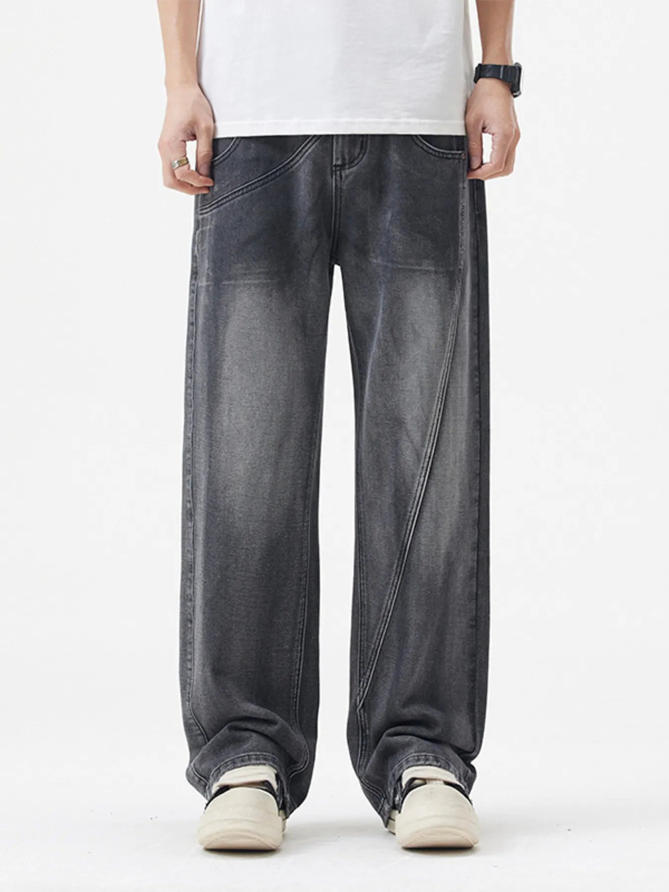 Men's Full Size Washed Wide Leg Jeans Plus Size Black Gray - Fashorio