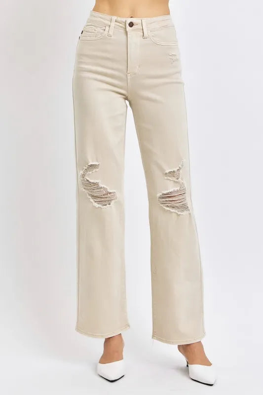 Judy Blue Full Size High Waist Distressed Wide Leg Jeans BONE - Fashorio
