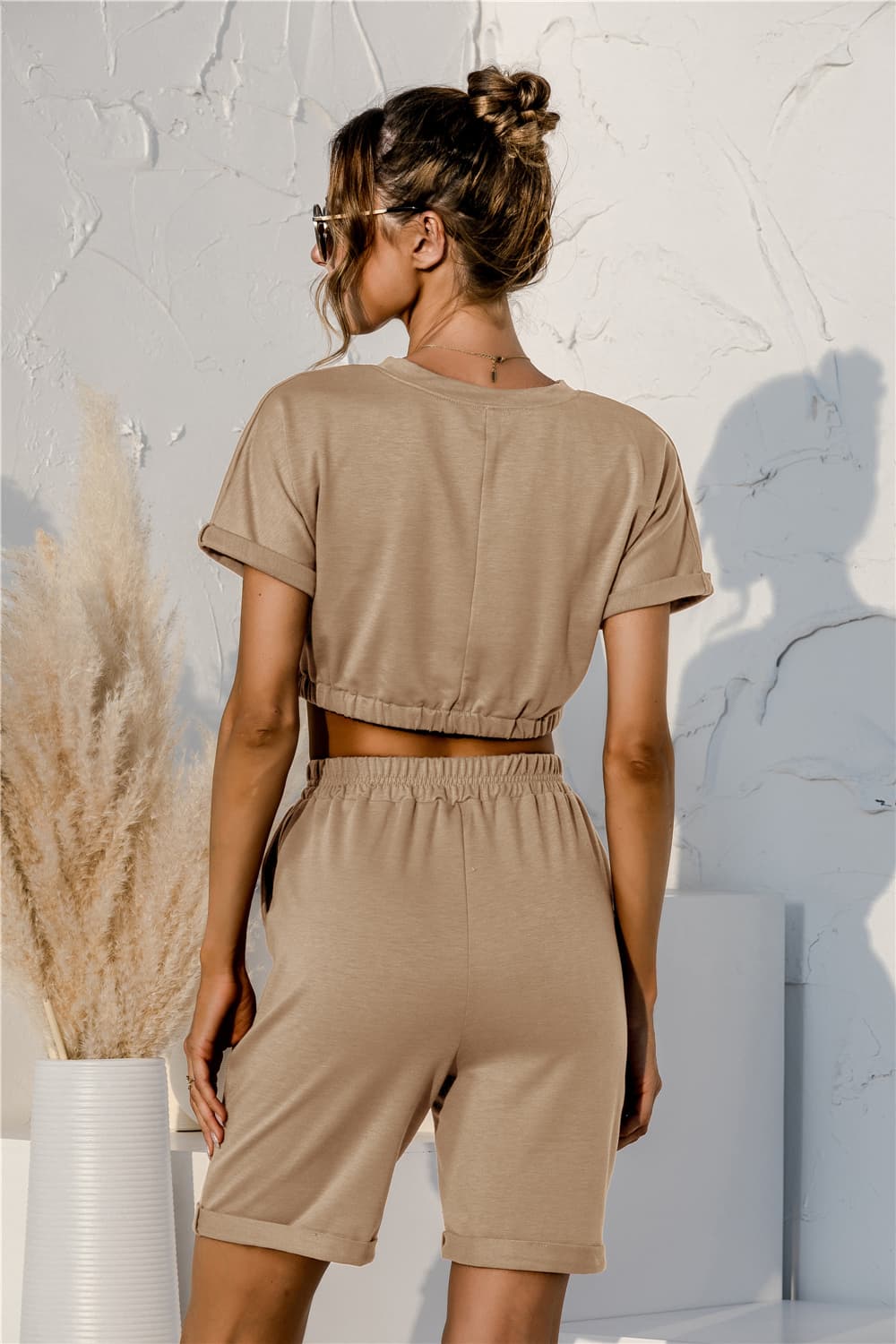 Short Sleeve Cropped Top and Drawstring Shorts Lounge Set - Fashorio