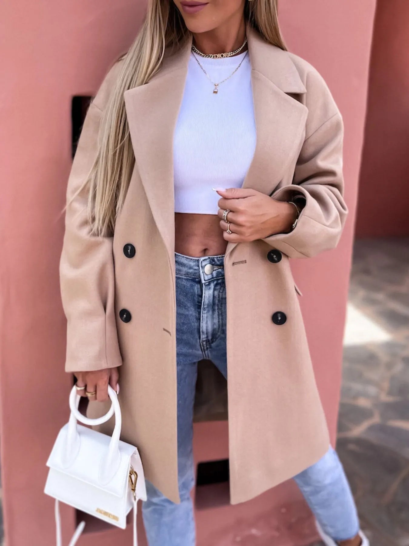 Full Size Double-Breasted Wool Coat Plus Size Khaki - Fashorio