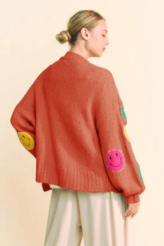 Davi & Dani Fuzzy Smile Open Front Long Sleeve Cardigan - Fashorio