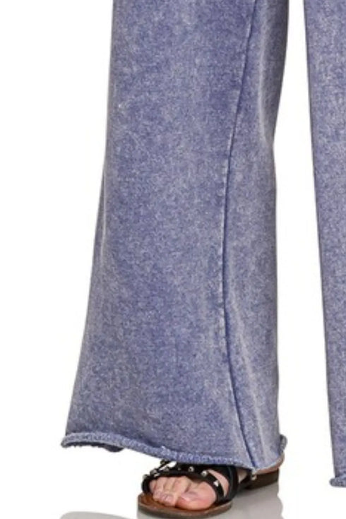 Zenana Acid Wash Fleece Palazzo Sweatpants with Pockets - Fashorio