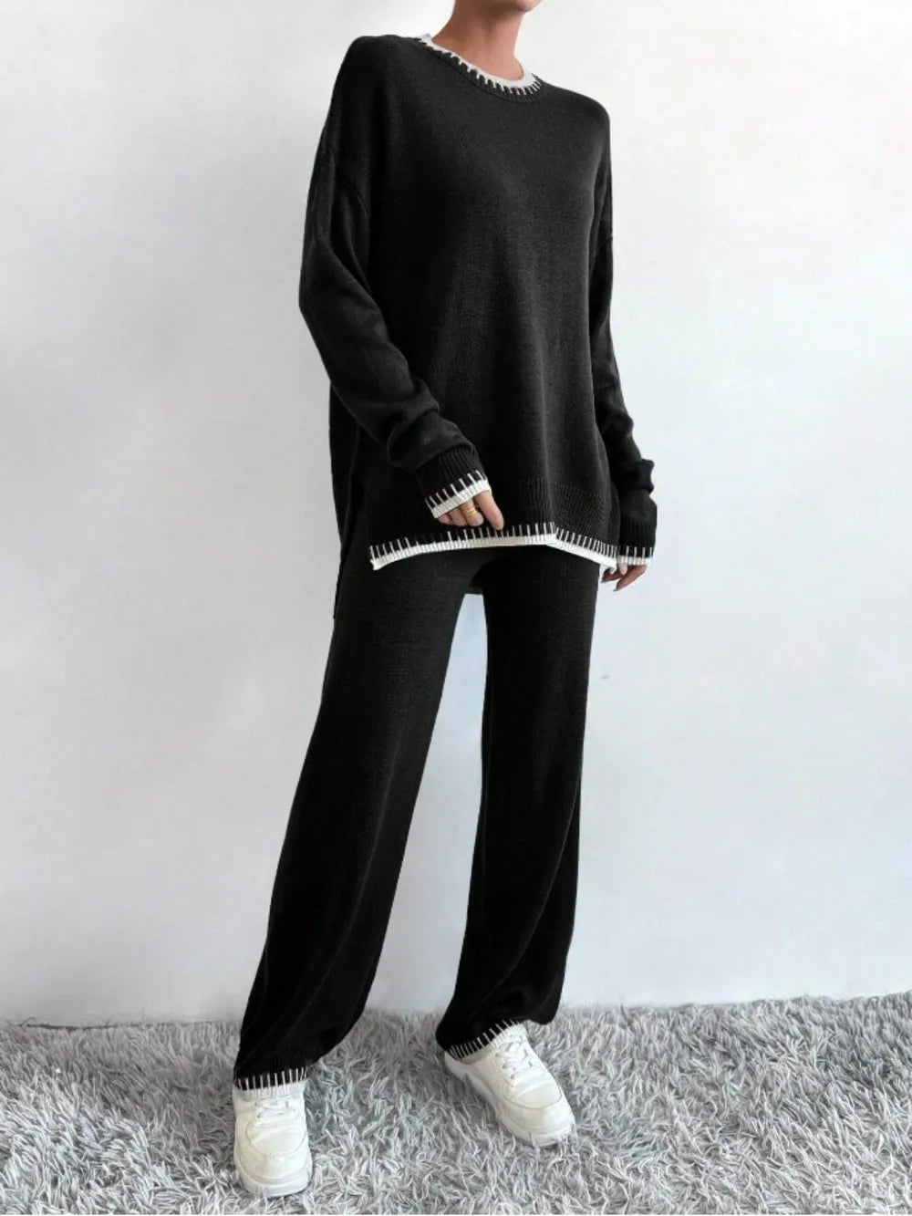 Side Slit Contrast Trim Round Neck Top and Pants Sweater Set - Fashorio