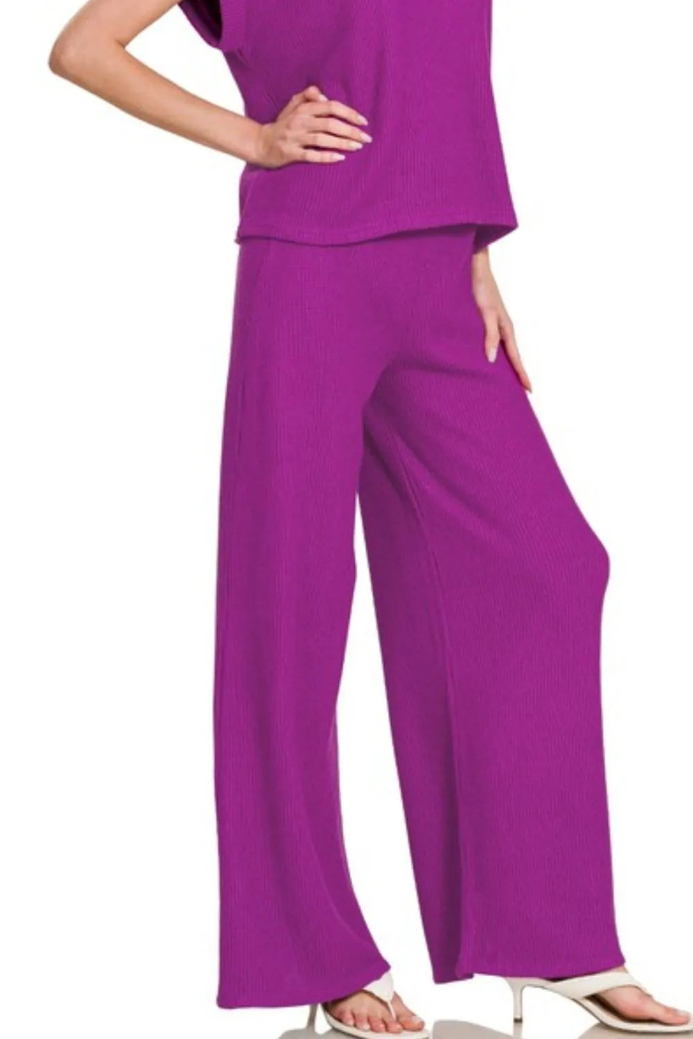Zenana Rolled Sleeve Top and Pants Sweater Set - Fashorio