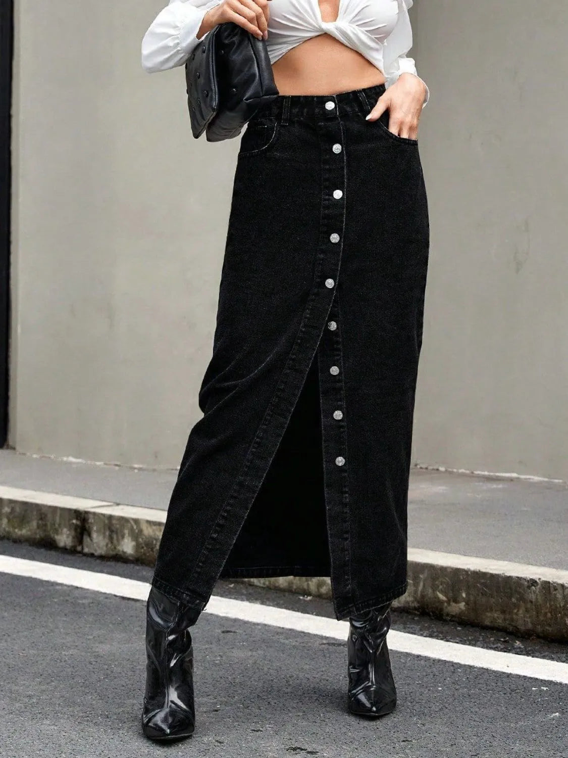 Button Front Denim Skirt - Fashorio