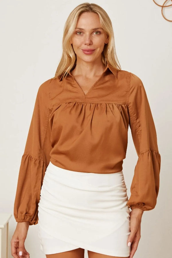 Balloon Sleeve Collared Neck Blouse Khaki - Fashorio