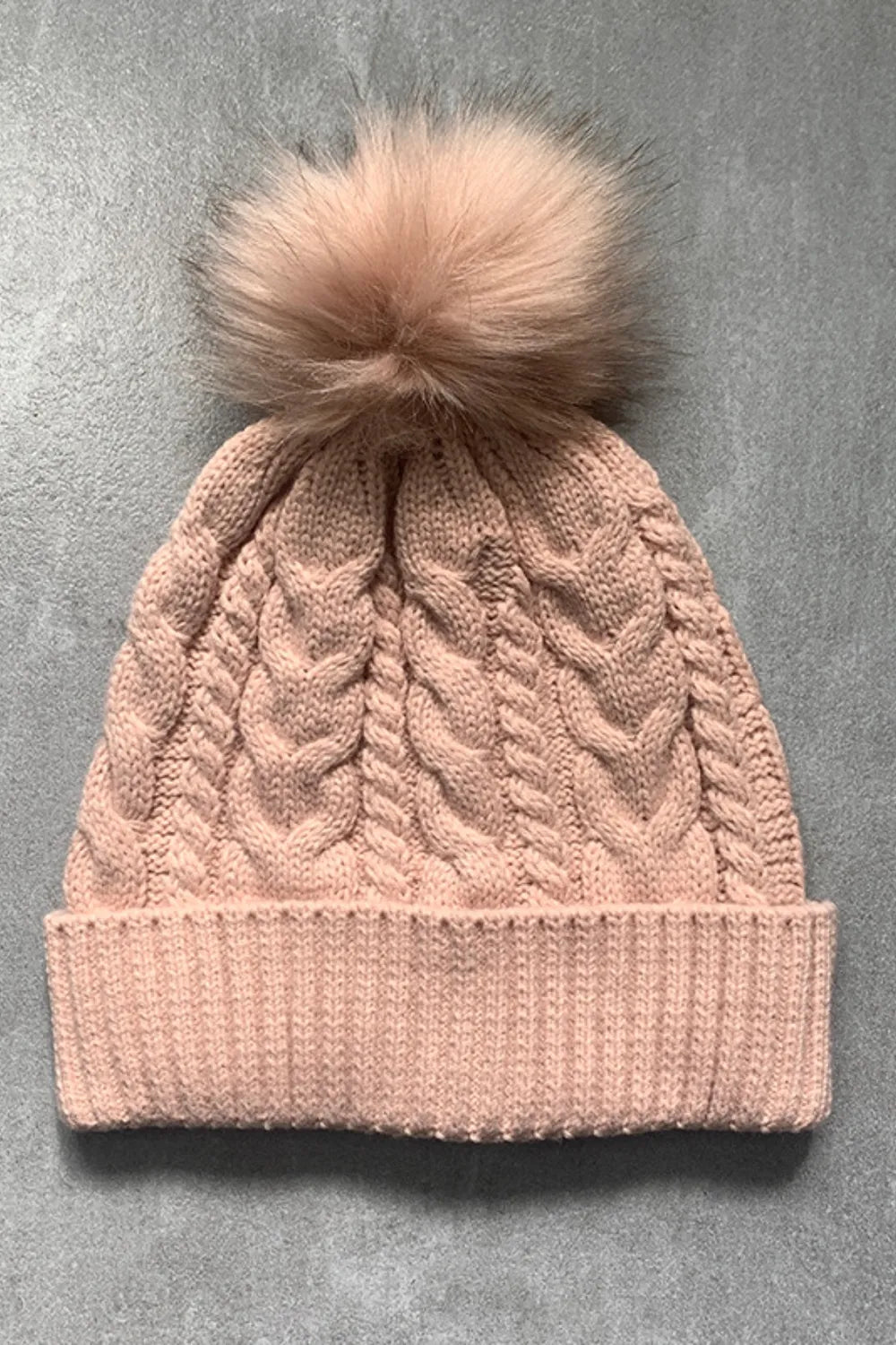 Cable-Knit Cuffed Hat with Pom-pom Watermelon pink One Size - Fashorio