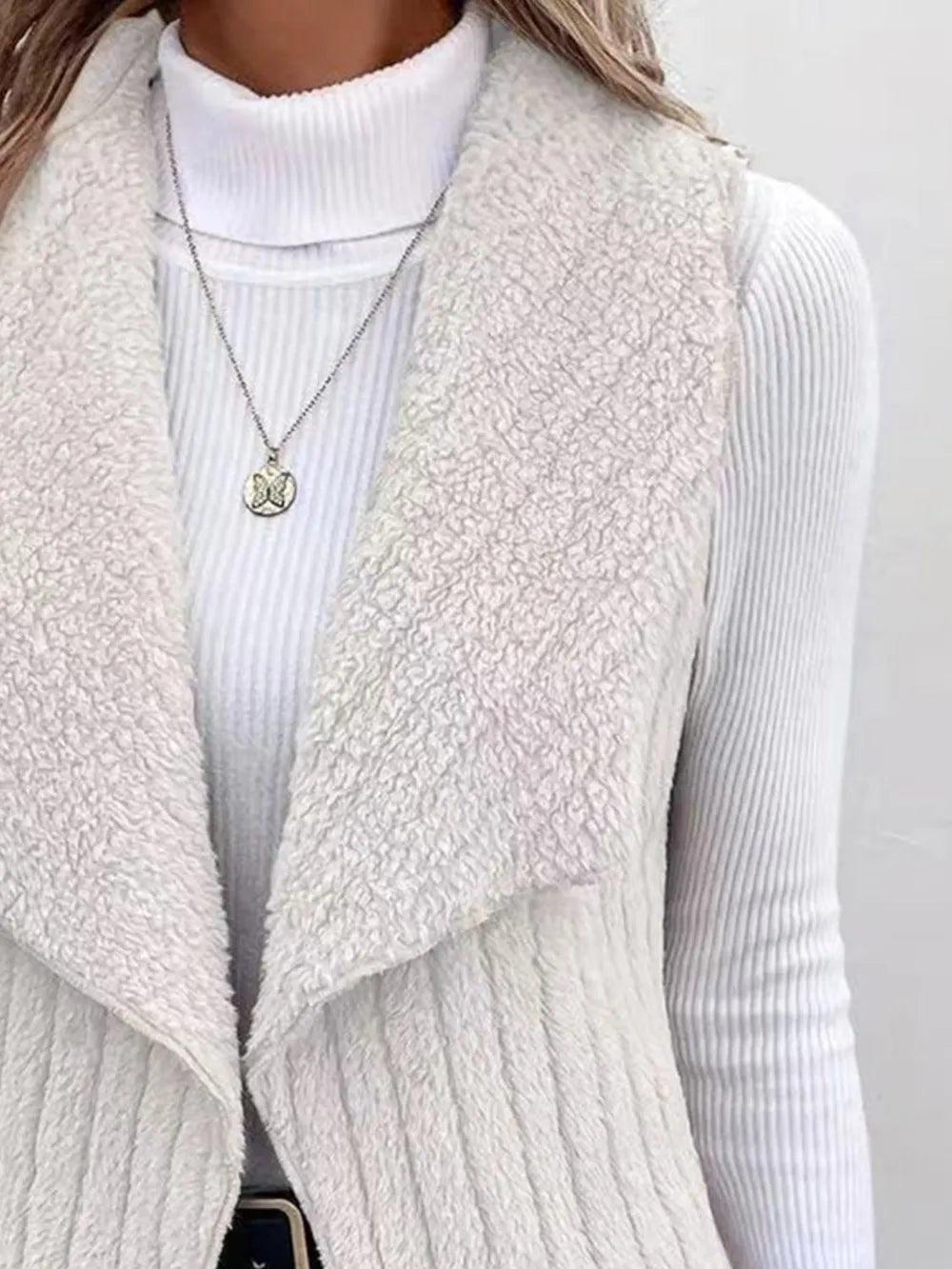 Open Front Fuzzy Vest Coat - Fashorio