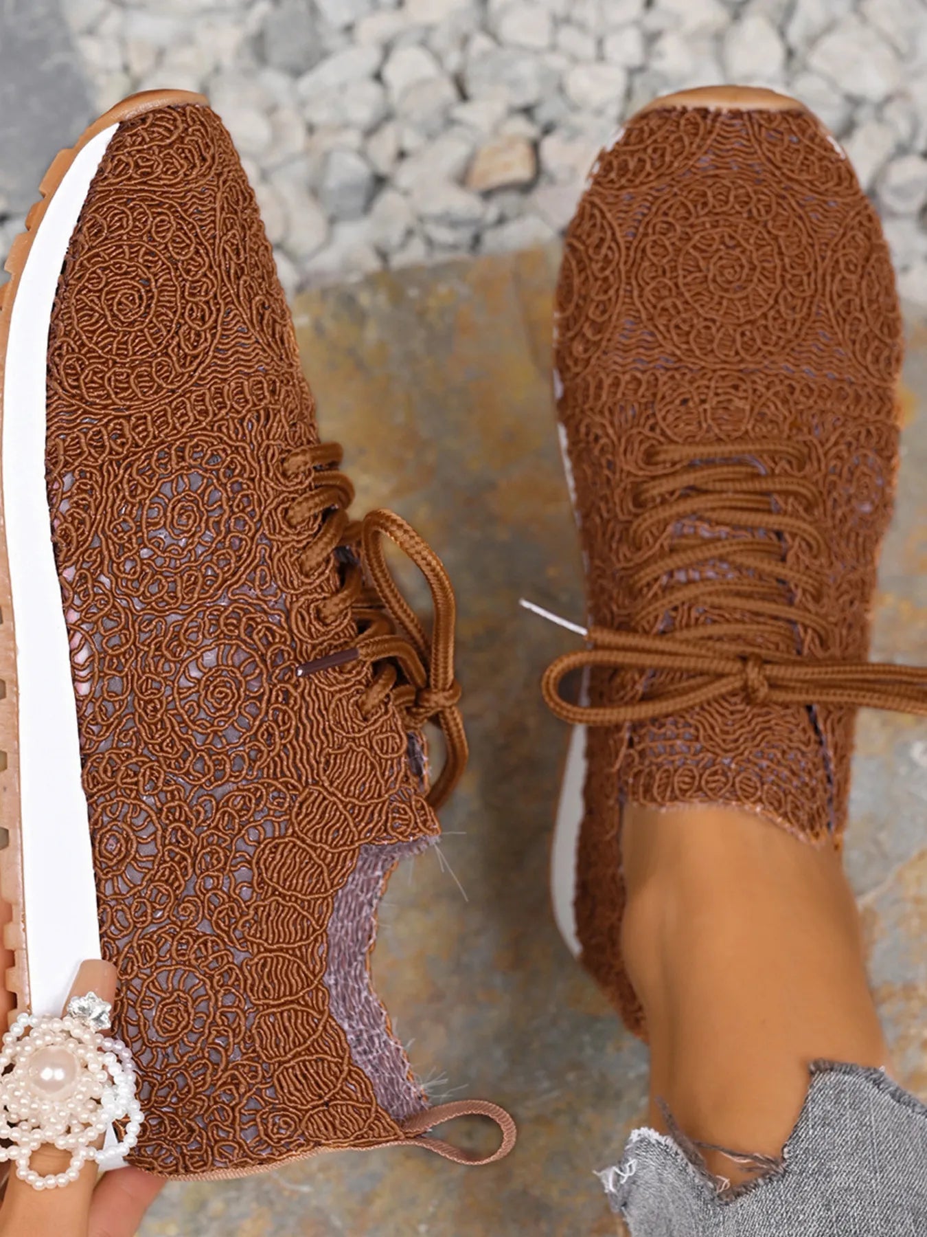 Mesh Lace Up Sneakers Brown - Fashorio