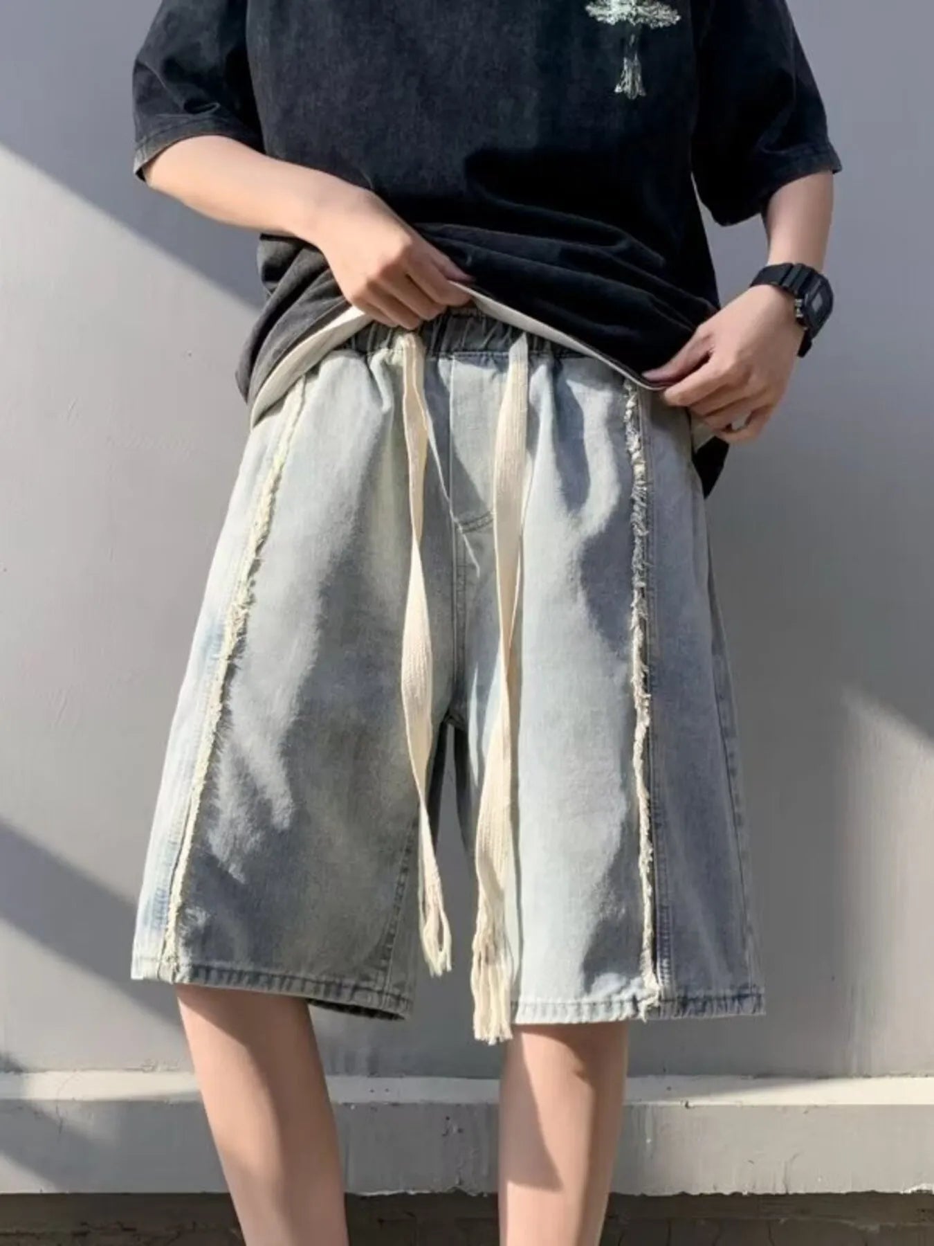 Men's Full Size Drawstring Denim Shorts with Pockets Plus Size Blue - Fashorio