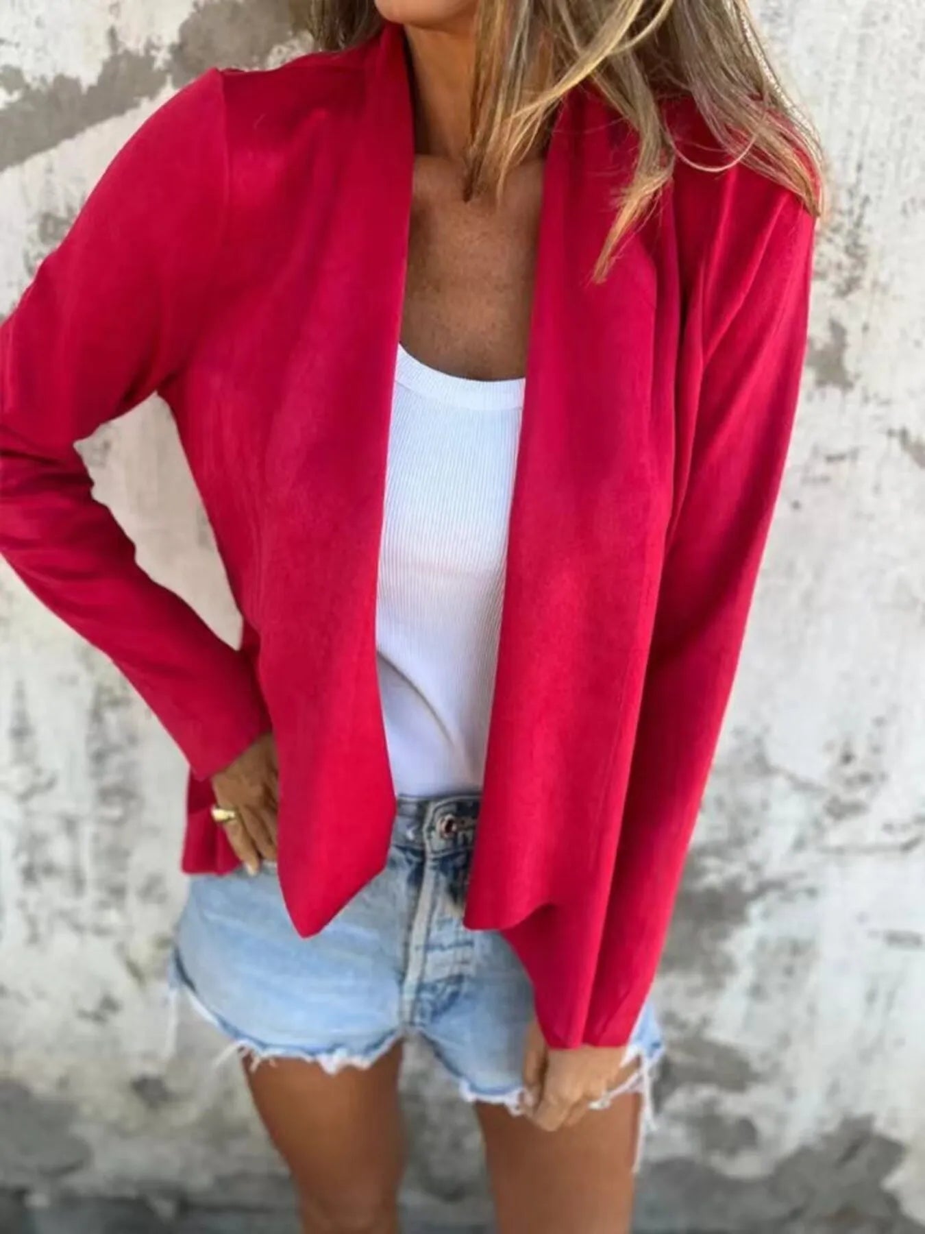 Full Size Open Front Casual Cardigan Plus Size Red - Fashorio