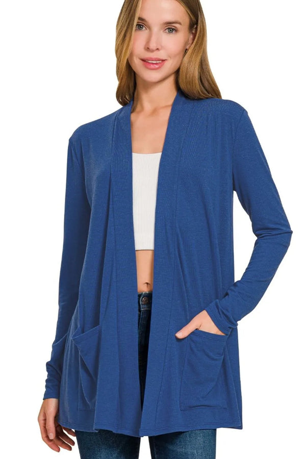 Zenana Slouchy Lightweight Open Front Pocket Cardigan LT NAVY - Fashorio