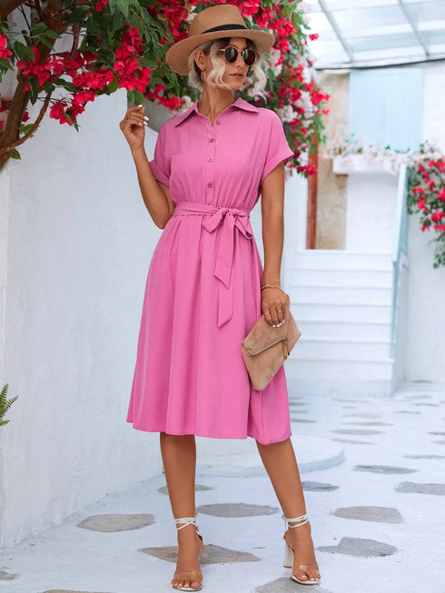 Buttoned Tie Waist Short Sleeve Dress Pink - Fashorio