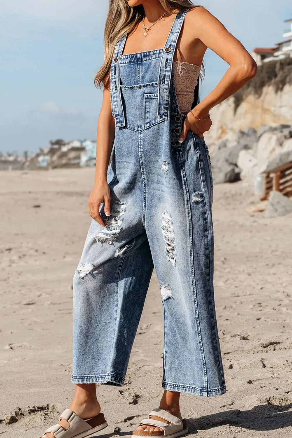 Distressed Bib Pocket Wide Leg Denim Overalls - Fashorio