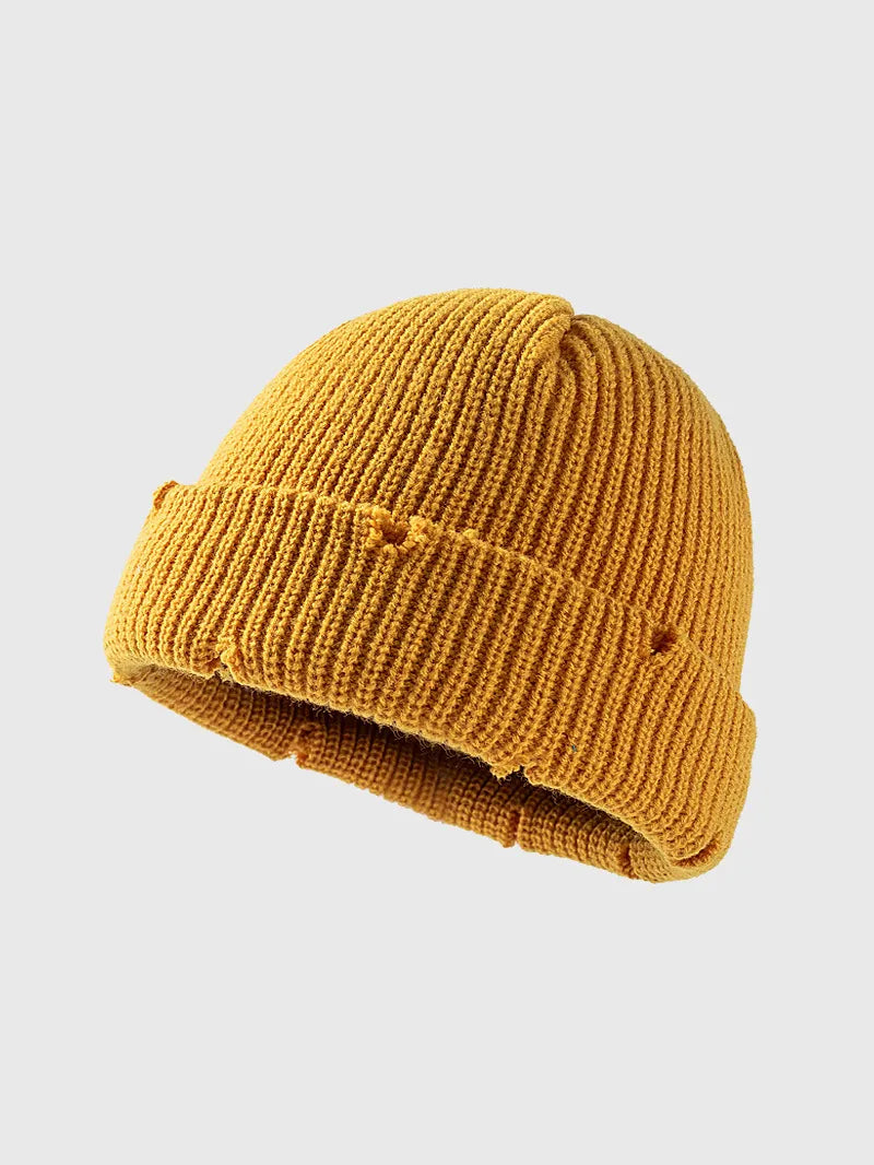 Distressed Cuffed Knit Hat Yellow One Size - Fashorio